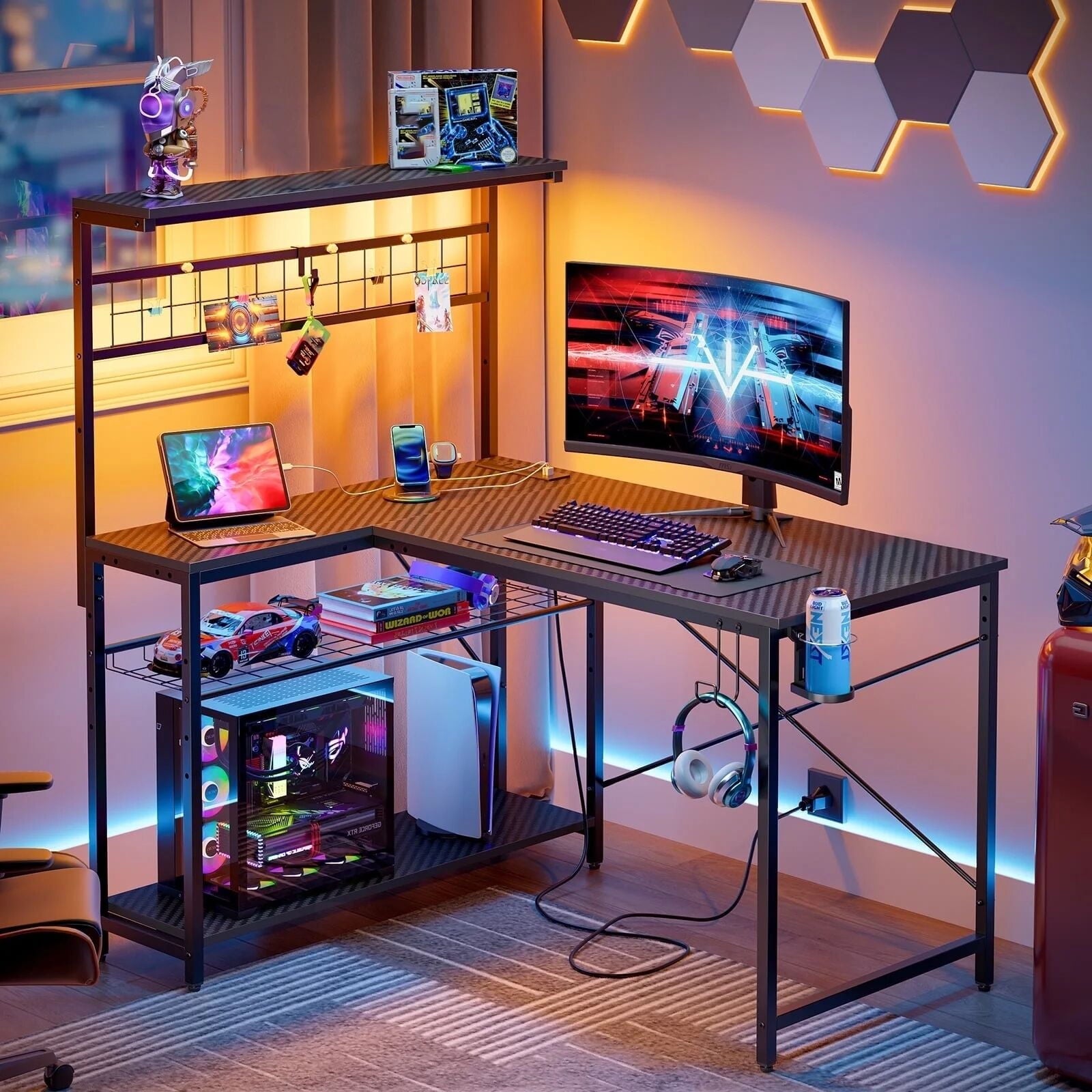 Bestier, Gaming Desk, 42 inch, LED Lights, Power Outlet