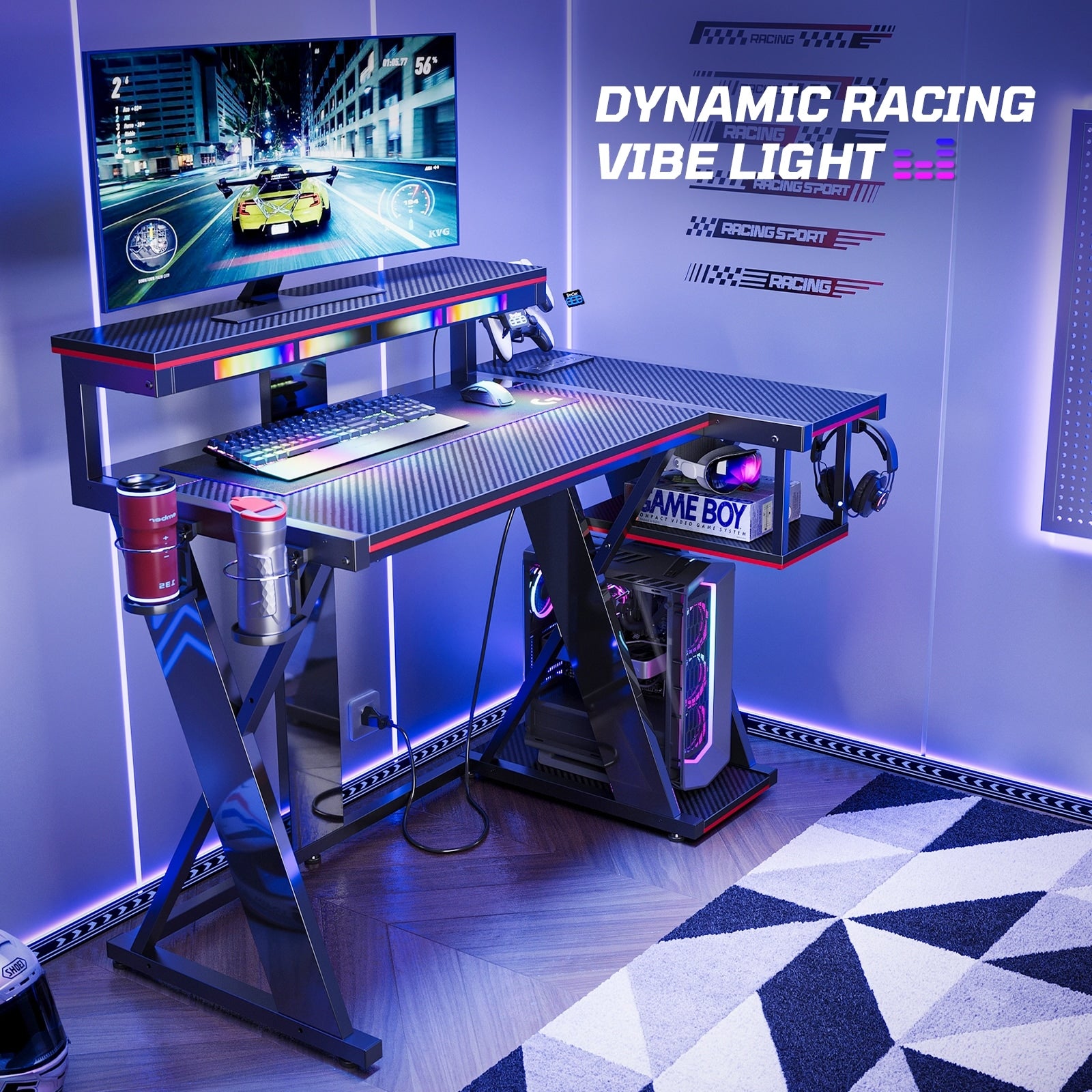 RSPGAME 43" Music Sync LED Gaming Desk,X-Shape Ergonomic Monitor Stand Gamer Table,PC Desk with Dynamic Lighting,Color…