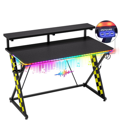 RSPGAME 43" Music Sync LED Gaming Desk,X-Shape Ergonomic Monitor Stand Gamer Table,PC Desk with Dynamic Lighting,Color…