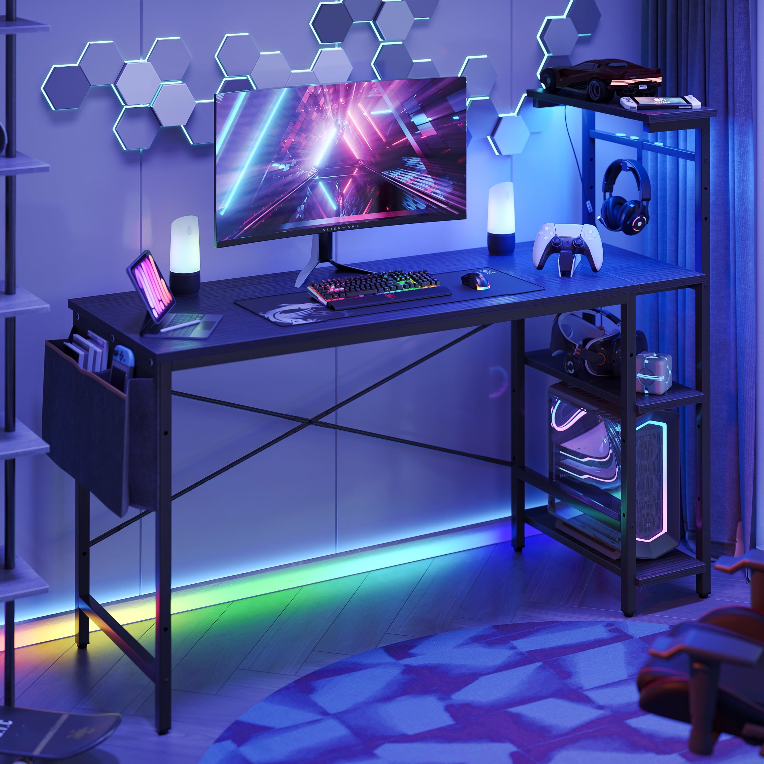 Bestier 52 inch Office Gaming Desk with LED Lights, Shelves & Storage, Black