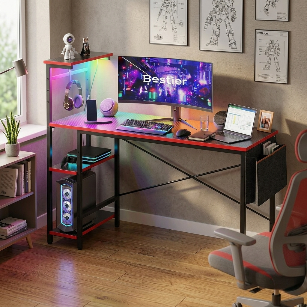 Bestier 52 inch Gaming Desk, LED Lights, Shelves, Carbon Fiber, Reversible - image 2