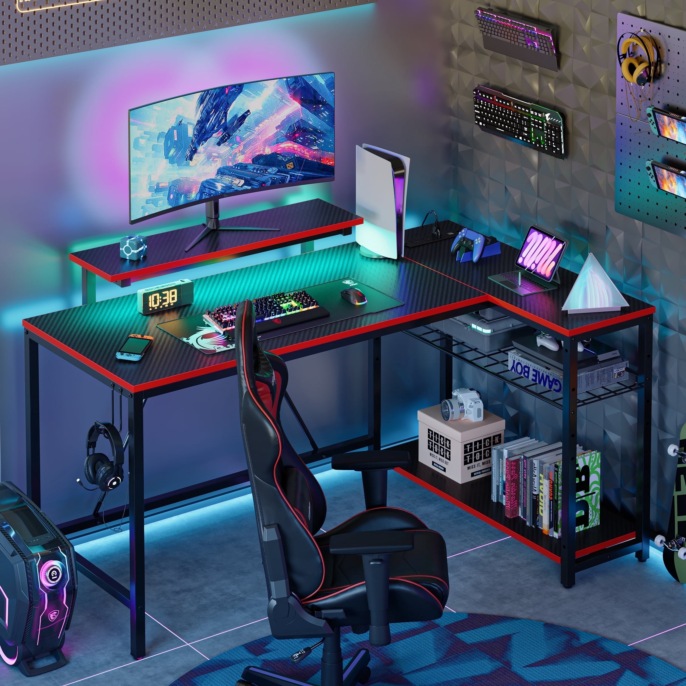 Bestier 42 inch Gaming Desk with LED Lights & Power Outlet, Reversible L Shaped Computer Desk with Hutch & Storage Shelves,…