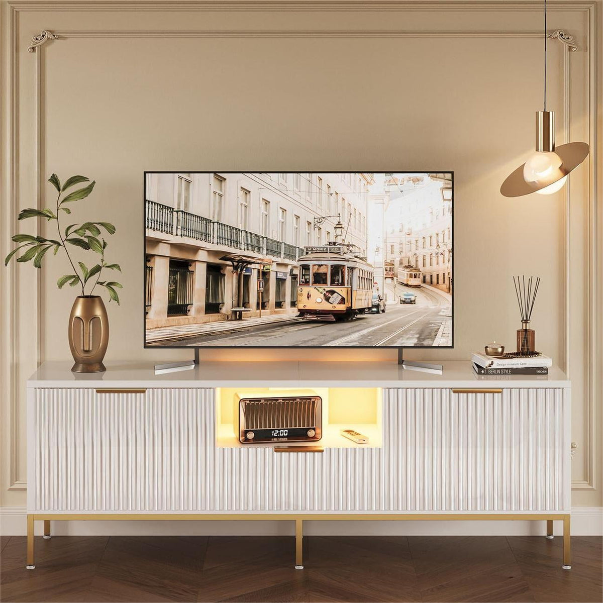 Bestier 55" LED TV Stand for TVs up to 60" Modern High Gloss Entertainment Center with Drawers Cabinets Fluted TV Console,…