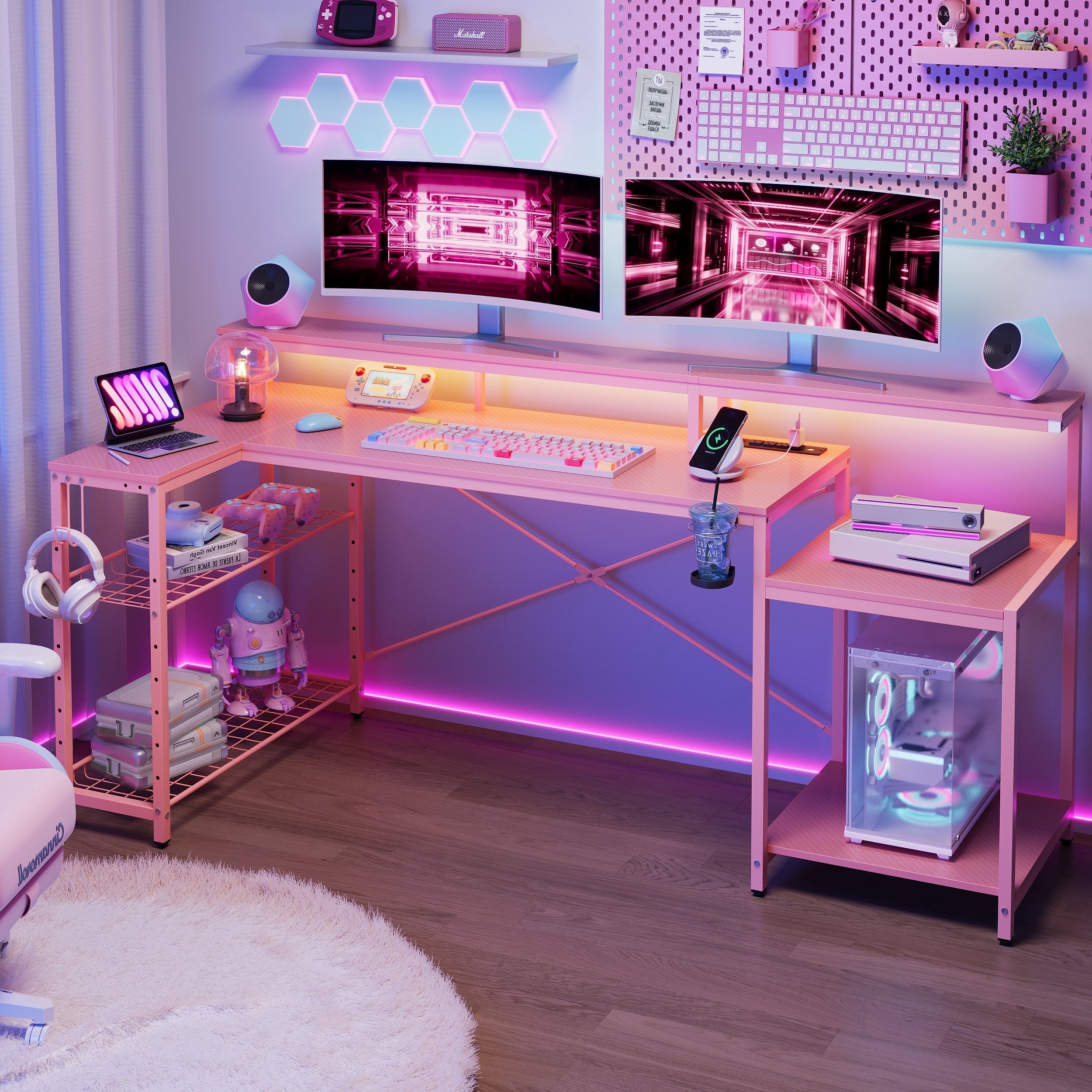 Bestier 52 inch Corner Gamer Desk with LED Lights & Shelves, Pink