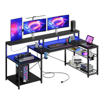 Bestier, Gaming Desk, 71 inch L-Shaped with Power Outlets LED