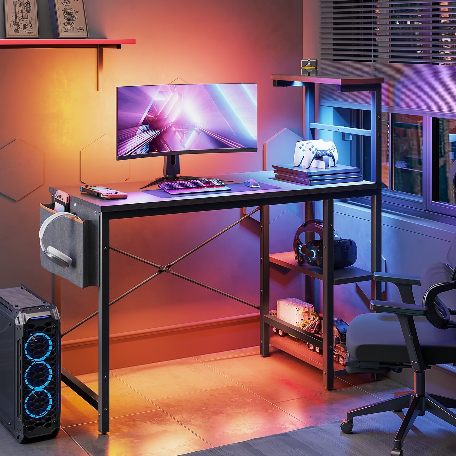 Bestier 44" LED Gaming Computer Desk with Power Outlets and Storage Shelves in Carbon Fiber Gray