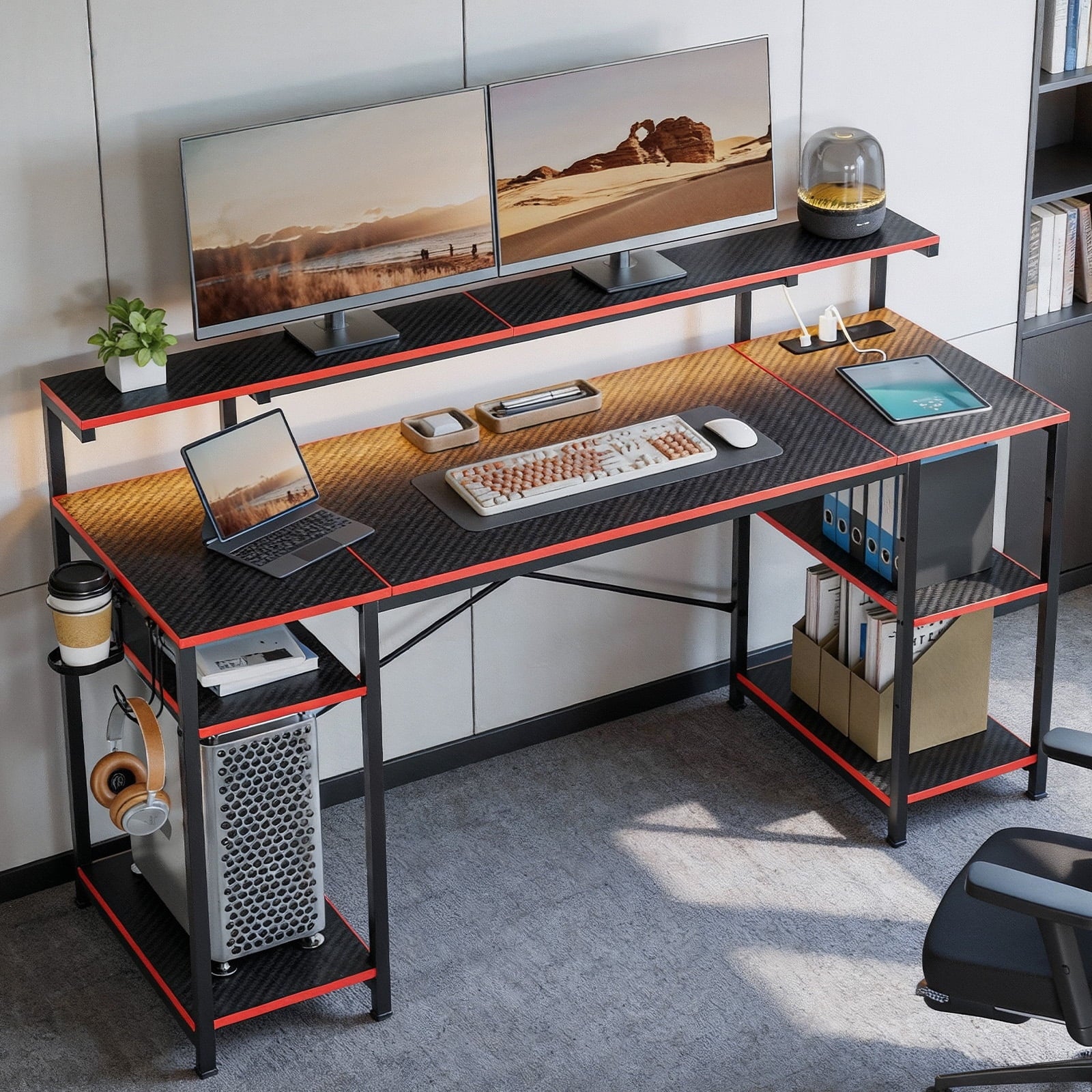 Bestier 55" Gaming Desk with LED Light & Monitor Stand Computer Desk Corner Desk for Home Office, Black & Crimson Carbon…