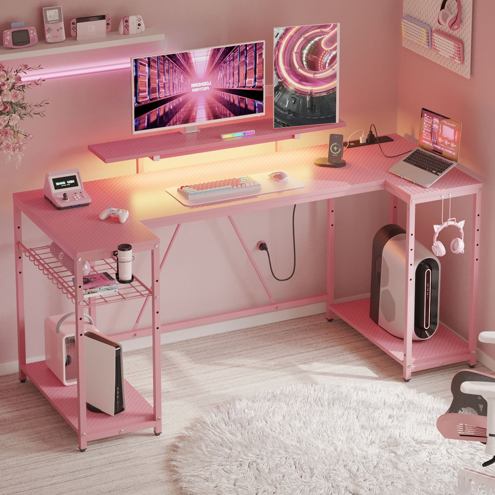 Bestier 55" Pink Gaming Computer Desk with LED Light & Monitor Stand Corner Desk for Home Office, Pink Carbon Fiber