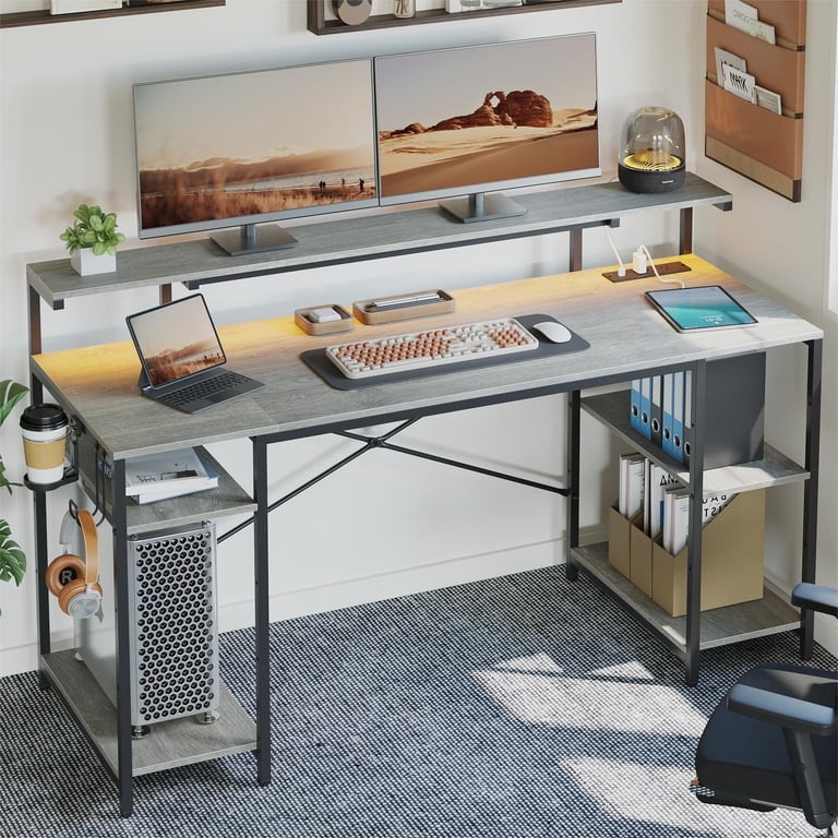 Bestier 55 inch Computer Desk with Outlets & LED Light, Office Desk with Storage Shelves & Monitor Stand, Corner Desk with…