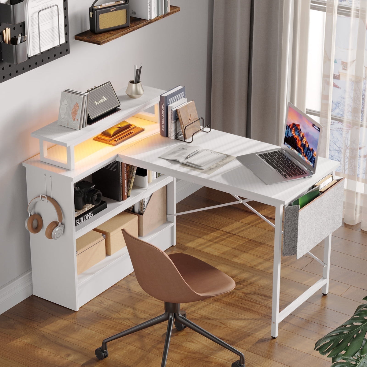 Bestier 42" L Shaped Computer Desk with Power Outlets, Home Office Desk with LED Lights & Monitor Stand, Reversible Shelves,…