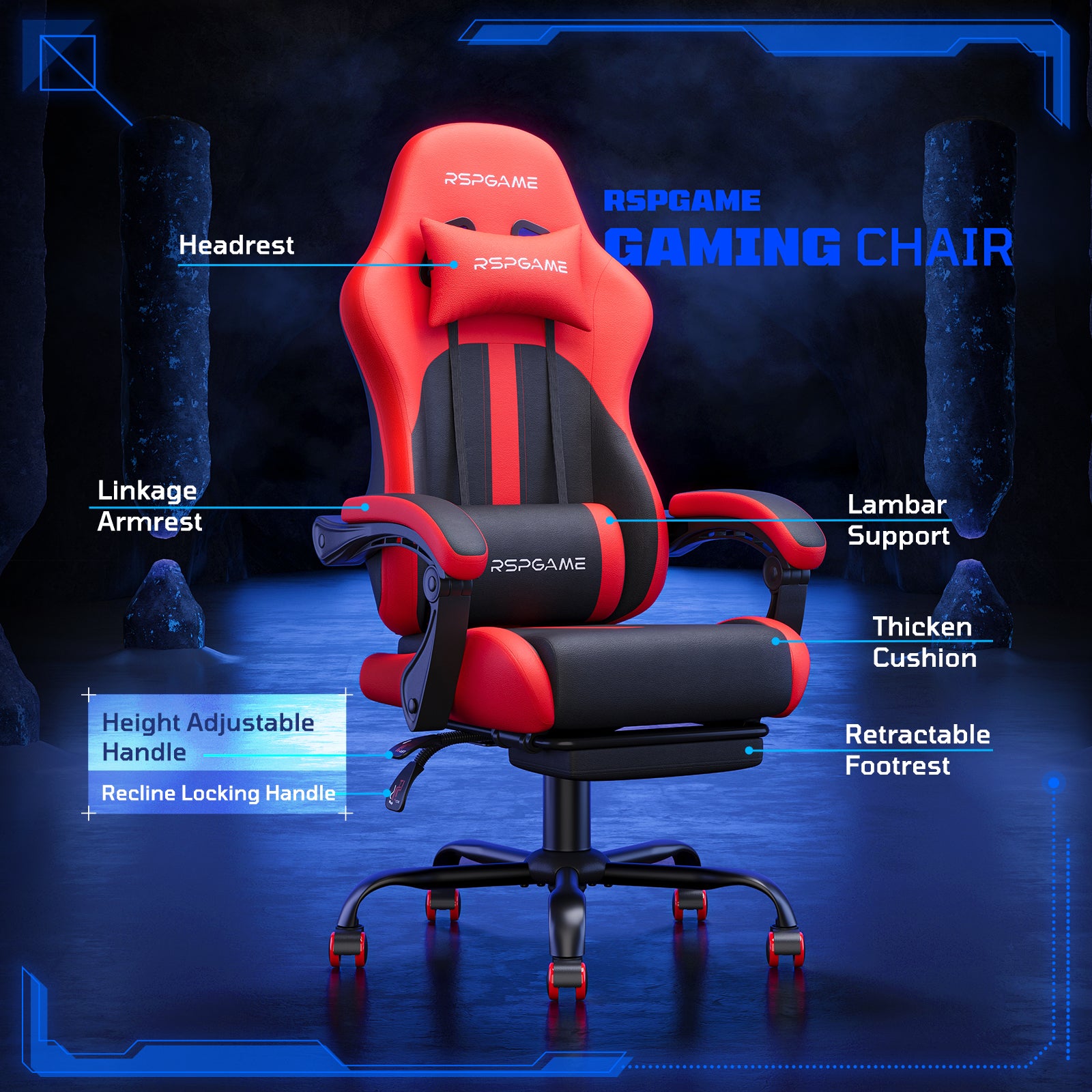 RSPGame Ergonomic Gaming Chairs for Adults,Pocket Spring Cushion,PU Leather Office Chairs with Lumbar Support and Retractable Footrest,Home and Office Computer Chairs-Red Racing