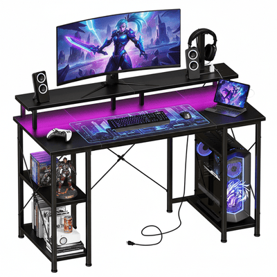 RSPGAME 48" Gaming Desk with LED Lights, Monitor Stand, Hook and Storage Shelf, Black