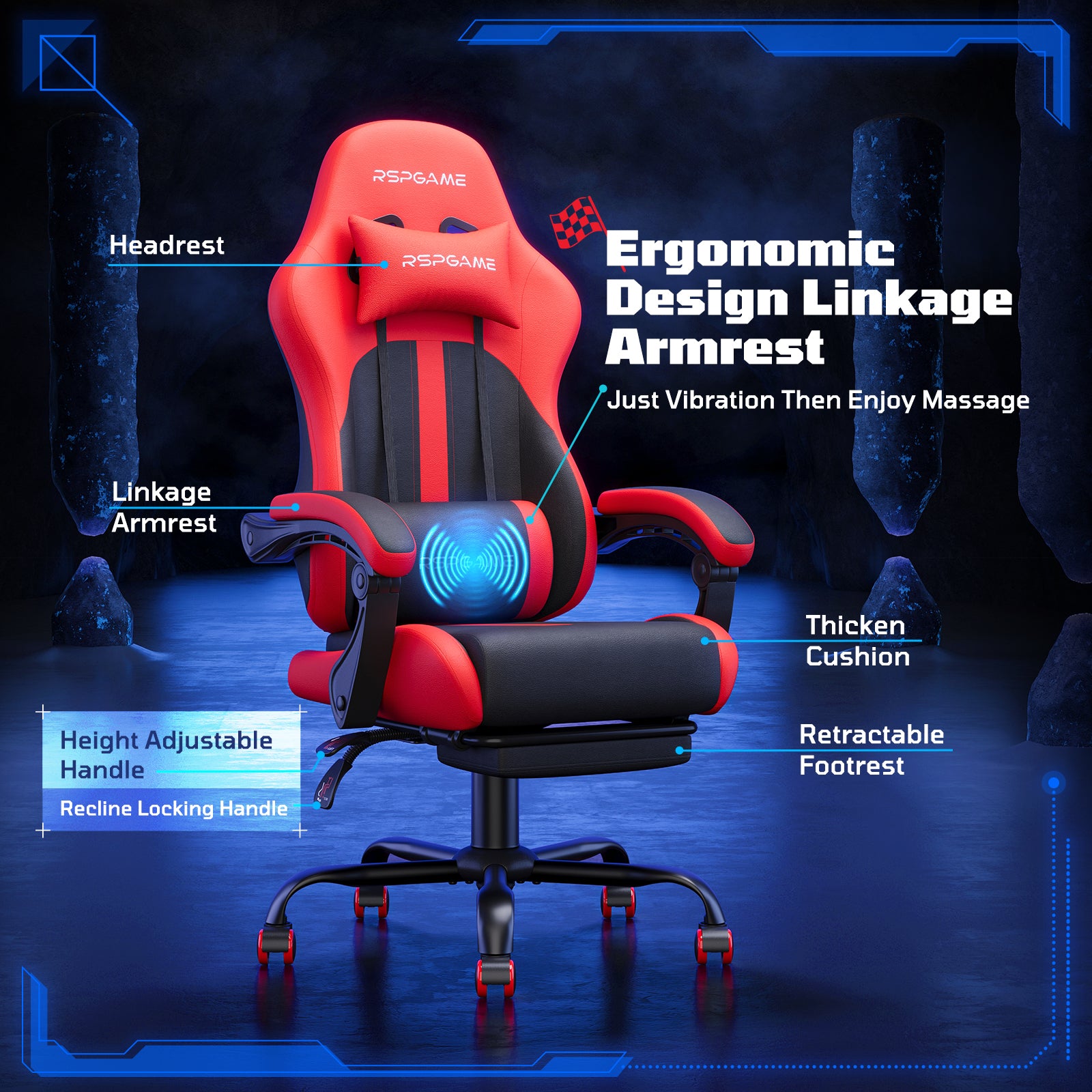 RSPGame Message Ergonomic Gaming Chairs for Adults,Pocket Spring Cushion,PU Leather Office Chairs with Lumbar Support and Retractable Footrest,Home and Office Computer Chairs-Red Racing