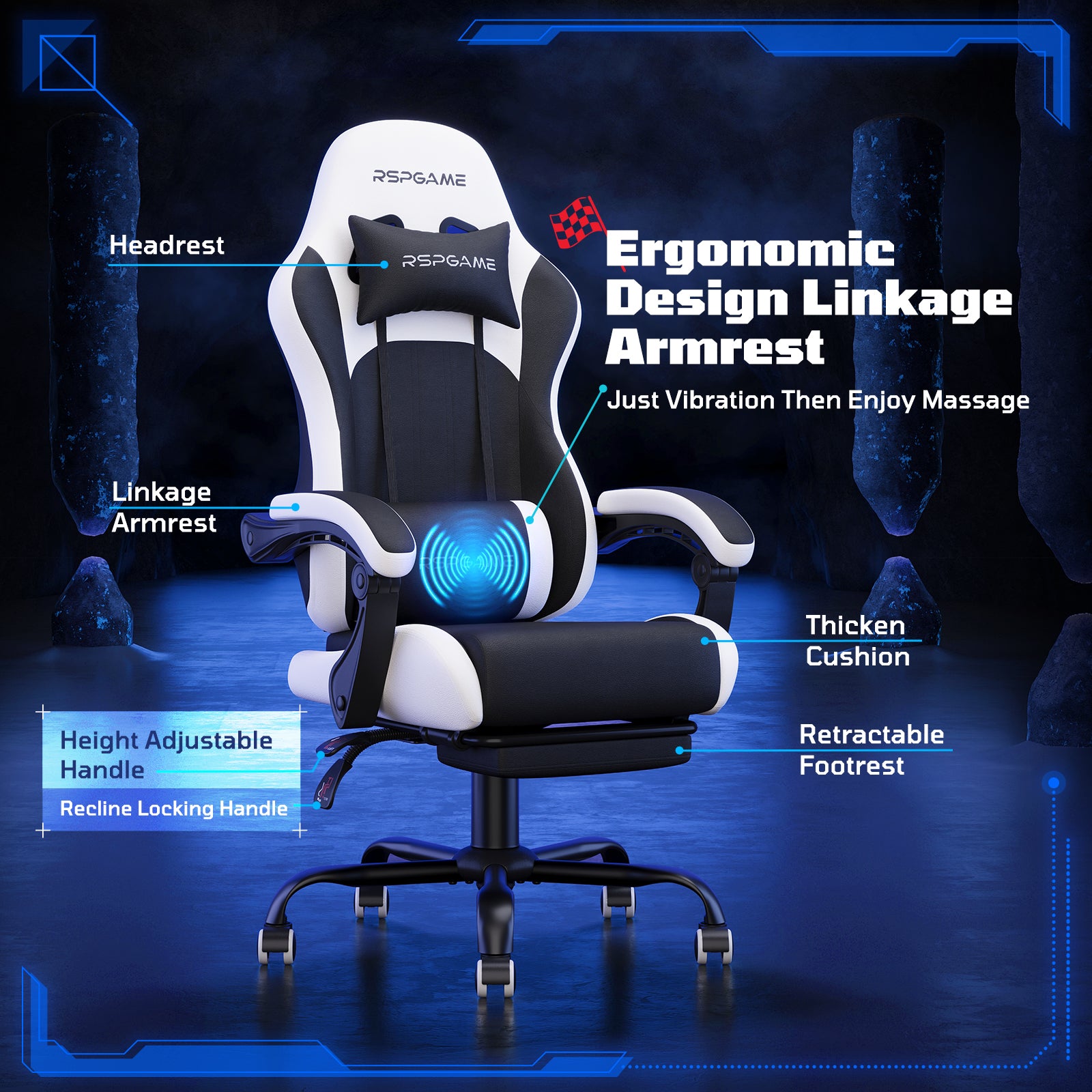 RSPGame Message Ergonomic Gaming Chairs for Adults,Pocket Spring Cushion,PU Leather Office Chairs with Lumbar Support and Retractable Footrest,Home and Office Computer Chairs-White Racing