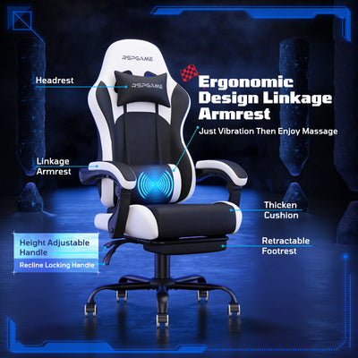 RSPGame Message Ergonomic Gaming Chairs for Adults,Pocket Spring Cushion,PU Leather Office Chairs with Lumbar Support and Retractable Footrest,Home and Office Computer Chairs-White Racing