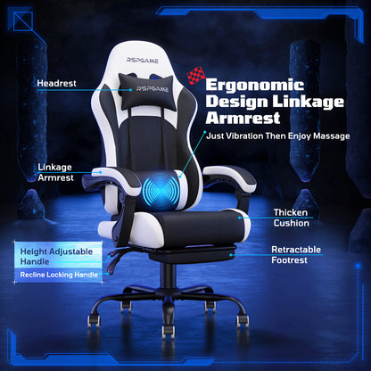 RSPGame Message Ergonomic Gaming Chairs for Adults,Pocket Spring Cushion,PU Leather Office Chairs with Lumbar Support and Retractable Footrest,Home and Office Computer Chairs-White Racing