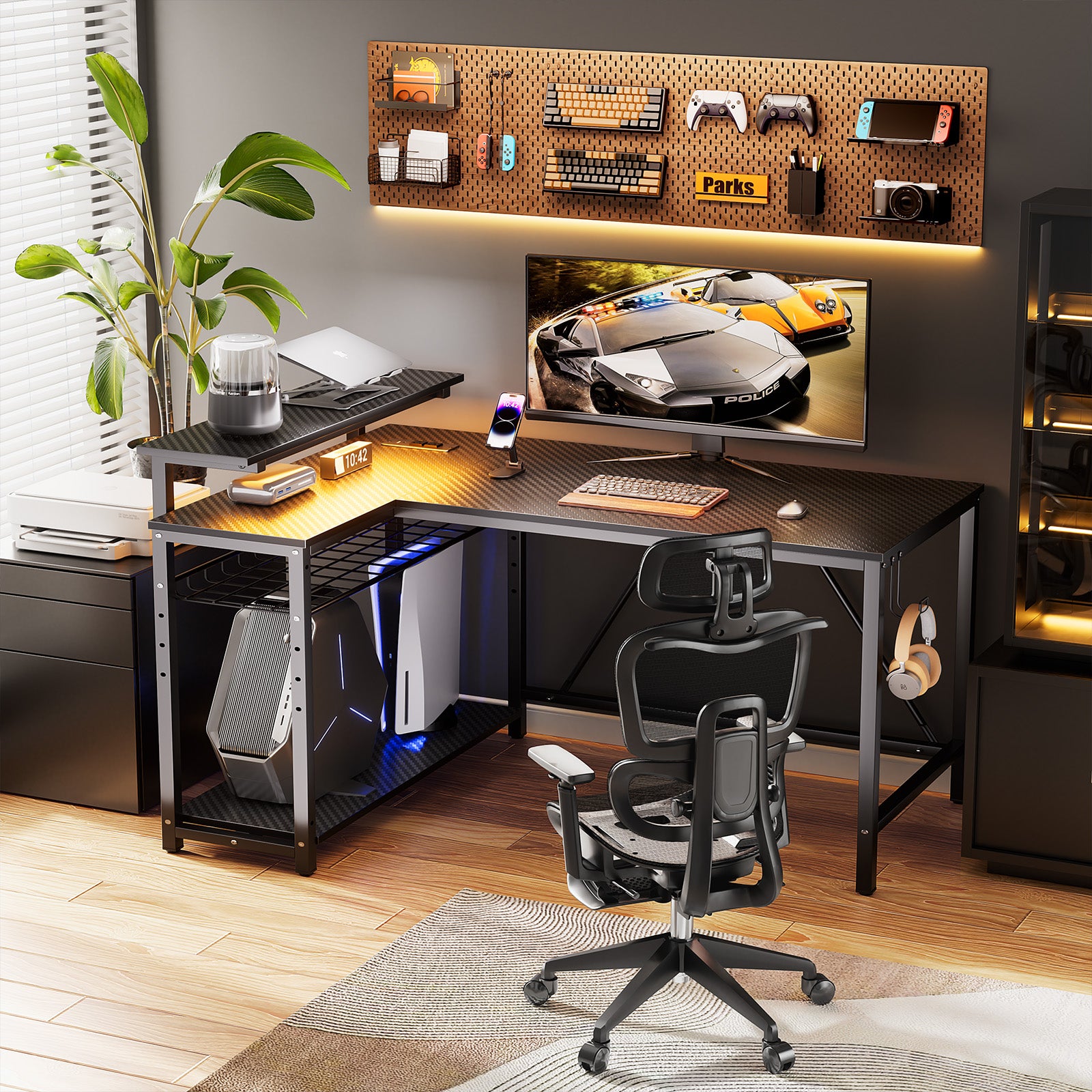 RSPGAME 42" Reversible L-Shaped Gaming Desk: Equipped with Power Outlets, LED Lights, Adjustable Shelves & Hooks for Small Spaces ,Bedrooms & Offices, Carbon Fiber Black