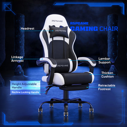 RSPGame Ergonomic Gaming Chairs for Adults,Pocket Spring Cushion,PU Leather Office Chairs with Lumbar Support and Retractable Footrest,Home and Office Computer Chairs-White Racing