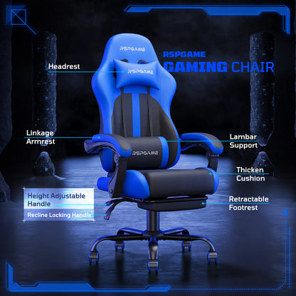 RSPGame Ergonomic Gaming Chairs for Adults,Pocket Spring Cushion,PU Leather Office Chairs with Lumbar Support and Retractable Footrest,Home and Office Computer Chairs-Blue Racing