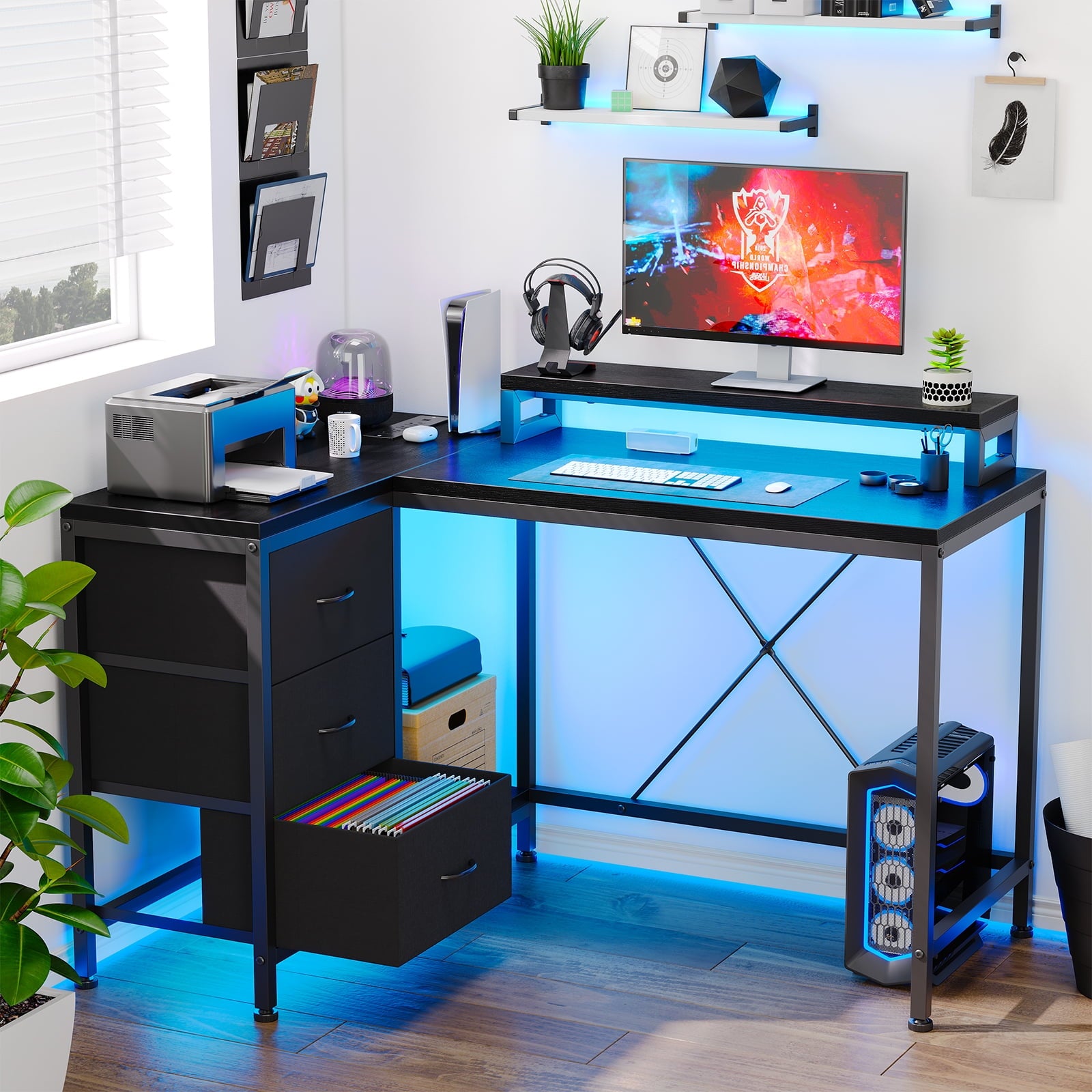 RSPGAME 51" LED Gaming Desk with Power Outlets, L Shaped Reversible Computer Desk with Strorage Shelves PC Table for Home…