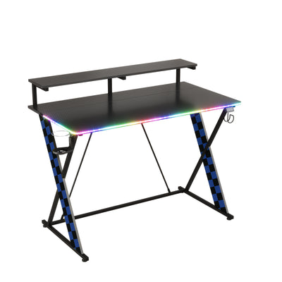 RSPGAME 43" Music Sync LED Gaming Desk,X-Shape Ergonomic Monitor Stand Gamer Table,PC Desk with Dynamic Lighting,Color Changing Office Desks,Black Racing