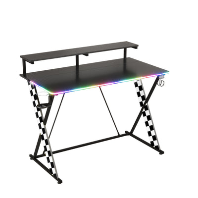 RSPGAME 43" Music Sync LED Gaming Desk,X-Shape Ergonomic Monitor Stand Gamer Table,PC Desk with Dynamic Lighting,Color Changing Office Desks,Black Racing