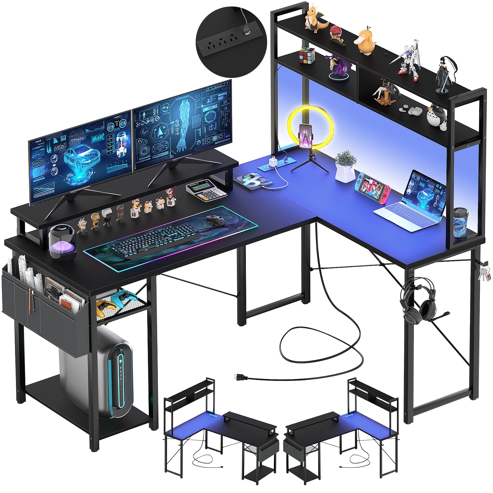 RSPGAME 51" LED Gaming Desk with Power Outlets, L Shaped Reversible Computer Desk with Strorage Shelves PC Table for Home…