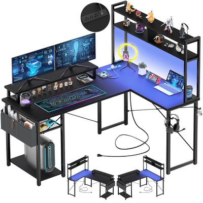 RSPGAME 51" LED Gaming Desk with Power Outlets, L Shaped Reversible Computer Desk with Strorage Shelves PC Table for Home…