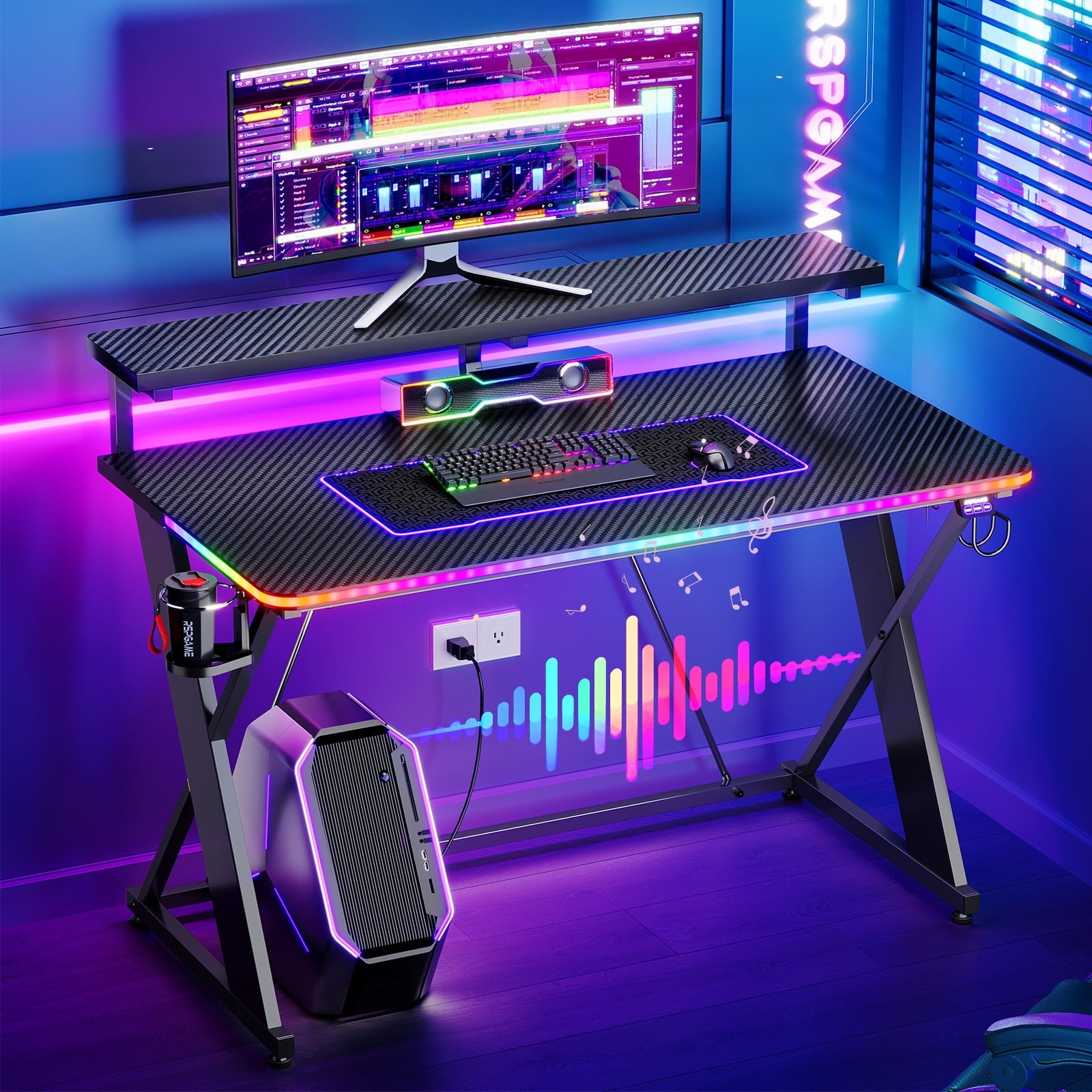RSPGAME 43" Music Sync LED Gaming Desk,X-Shape Ergonomic Monitor Stand Gamer Table,PC Desk with Dynamic Lighting,Color…