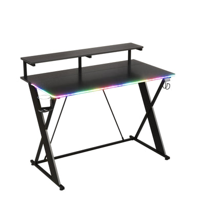 RSPGAME 43" Music Sync LED Gaming Desk,X-Shape Ergonomic Monitor Stand Gamer Table,PC Desk with Cup Holder and PS4/PS5/XBox Controller/Headset Hanger,Black Racing