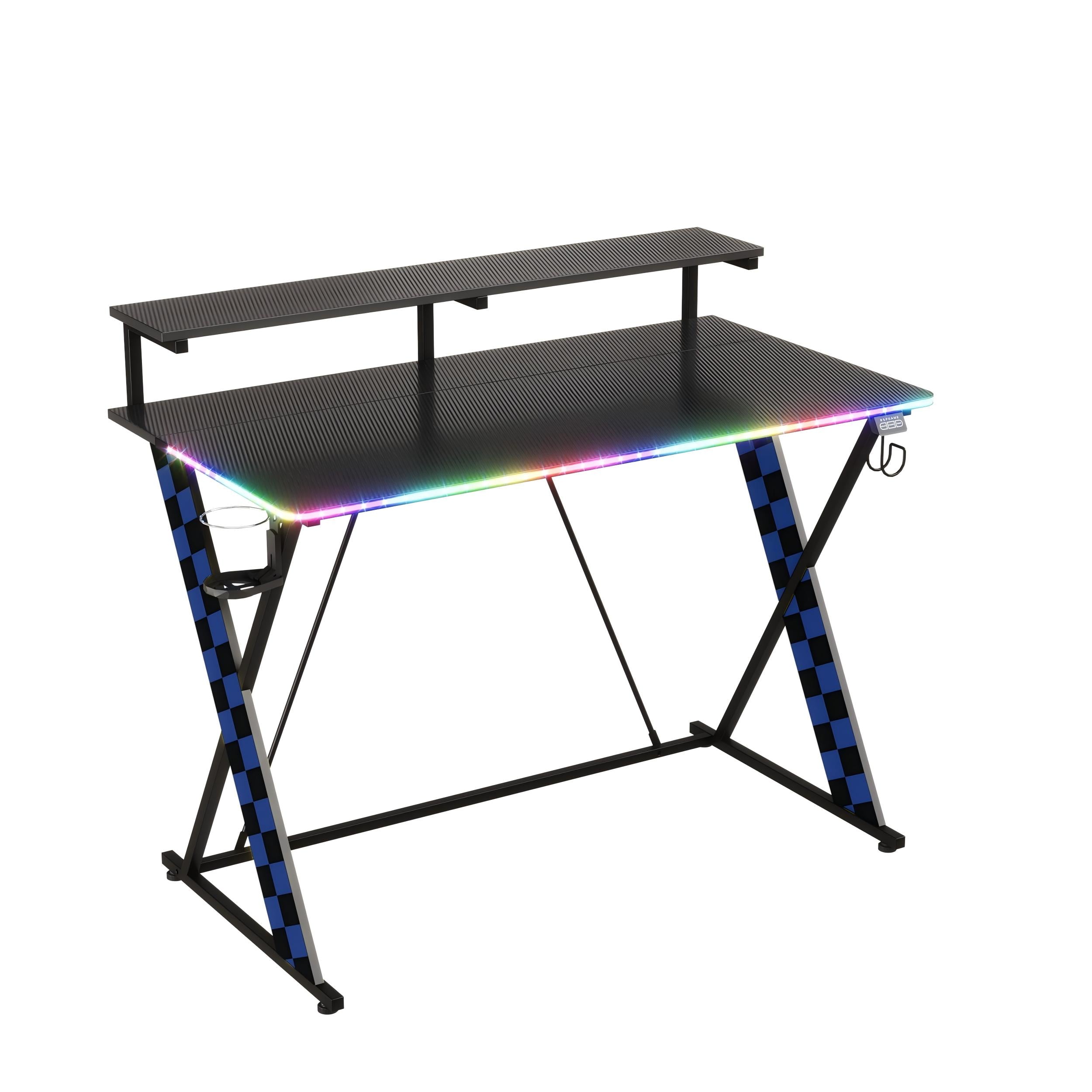 RSPGAME 43" Music Sync Light Gaming Desk PC Computer Black Office Gamer Table Desk with LED Lights & Monitor Stand, Blue Racing