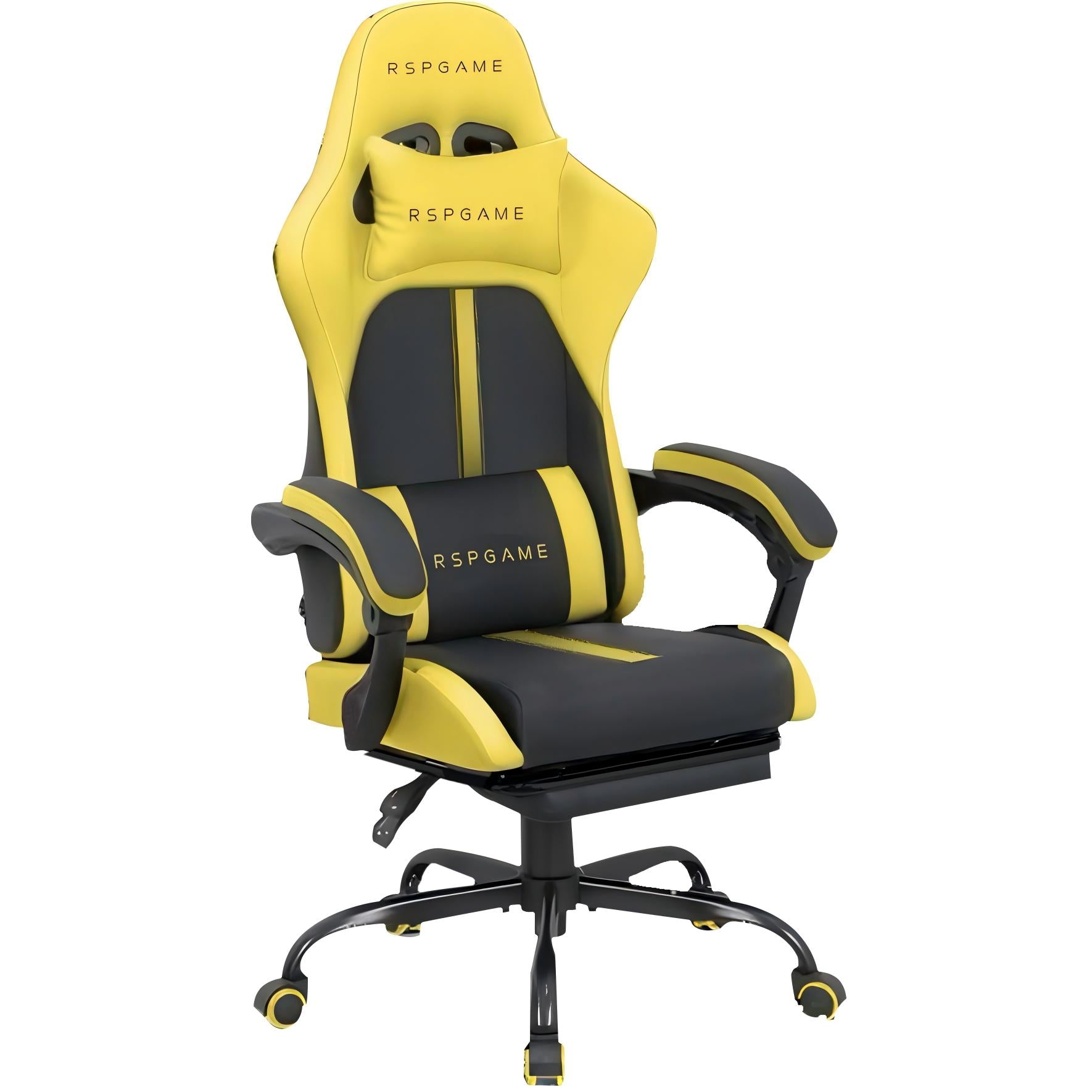 RSPGAME Ergonomic Gaming Chair For Adults,PU Leather Office Chairs with Lumbar Support and Retractable Footrest,Home and Office Computer Chairs-Yellow Racing