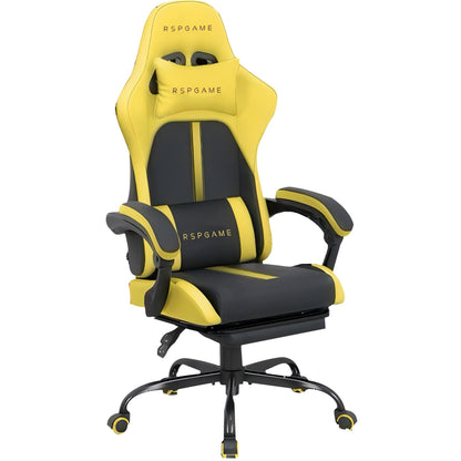 RSPGAME Ergonomic Gaming Chair For Adults,PU Leather Office Chairs with Lumbar Support and Retractable Footrest,Home and Office Computer Chairs-Yellow Racing