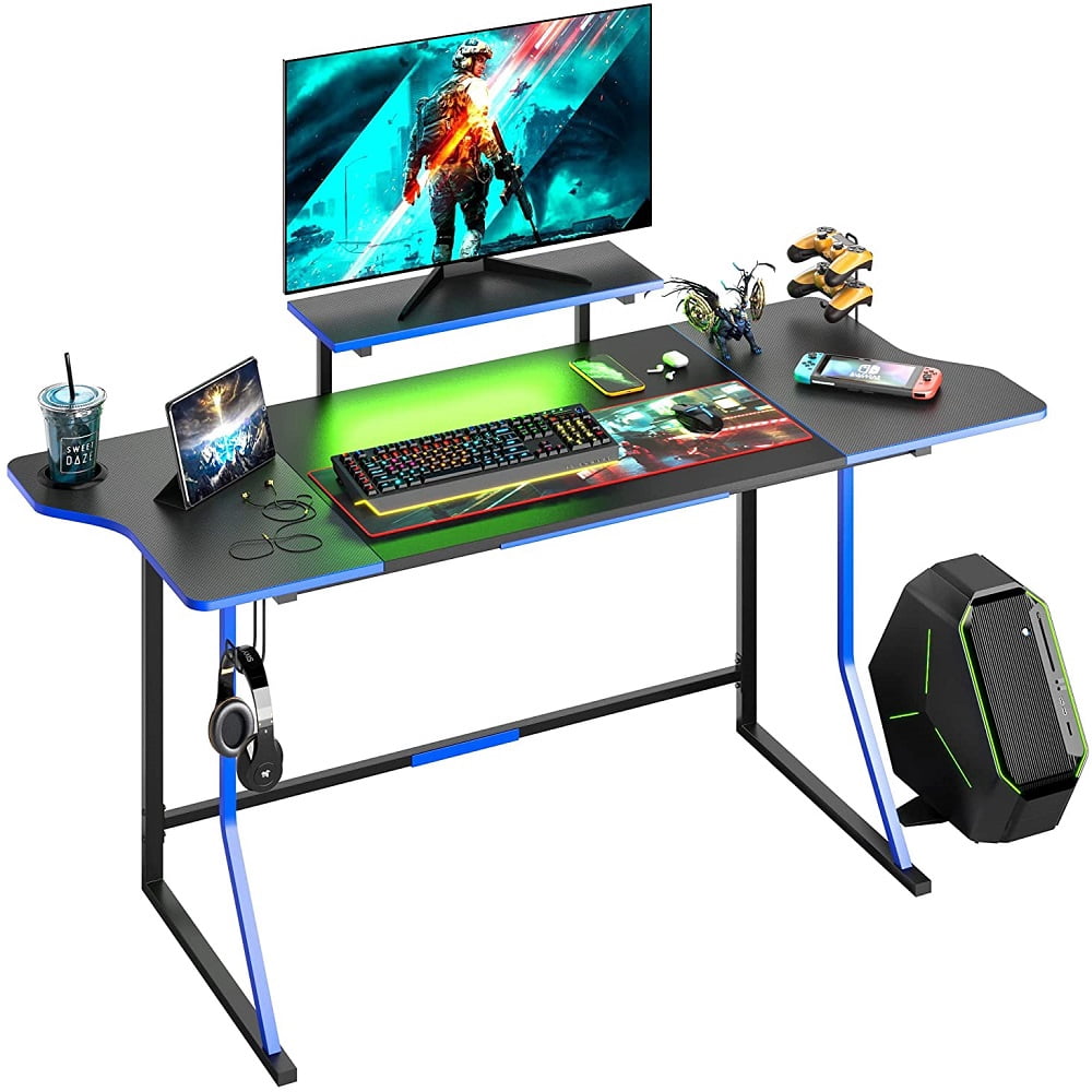 Bestier Gaming Desk 42 Inch with LED Lights Monitor Stand Hook Cup Holder in Blue