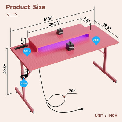 Bestier 55" Pink Gaming Desk with Outlets & LED Light Computer Desk with Monitor Stand, Pink Carbon Fiber - image 3
