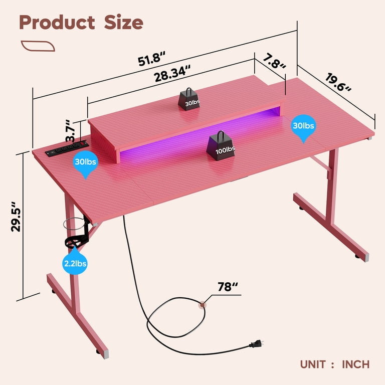 Bestier 55" Pink Gaming Desk with Outlets & LED Light Computer Desk with Monitor Stand, Pink Carbon Fiber - image 3