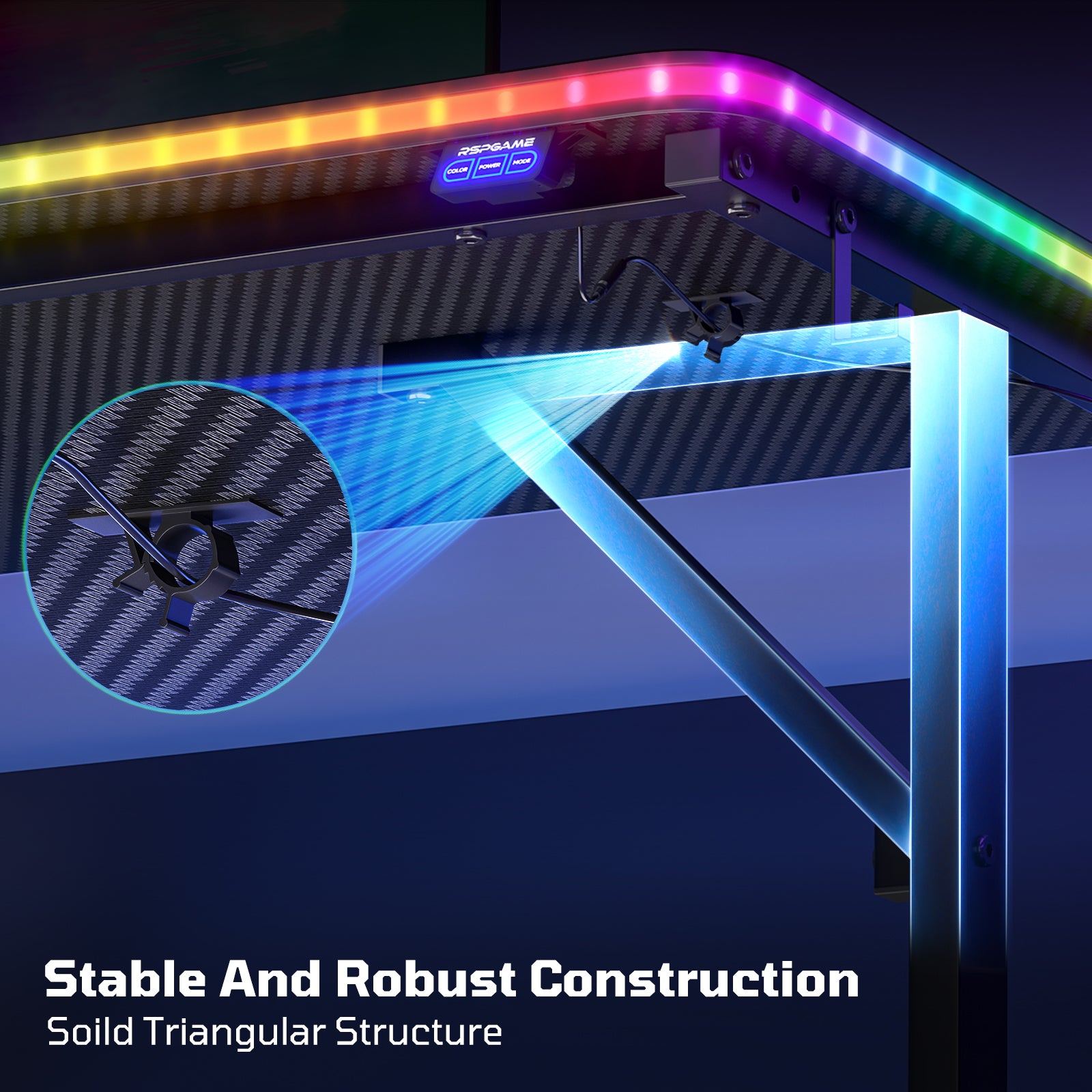 RSPGAME 43.5" Music Sync Gaming Desk, Ergonomic Gamer Table, ,T-Shape PC Computer Desk with RGB Lighting, Carbon Fiber Black
