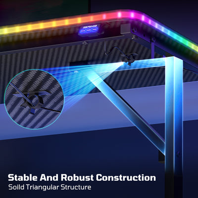 RSPGAME 43.5" Music Sync Gaming Desk, Ergonomic Gamer Table, ,T-Shape PC Computer Desk with RGB Lighting, Carbon Fiber Black