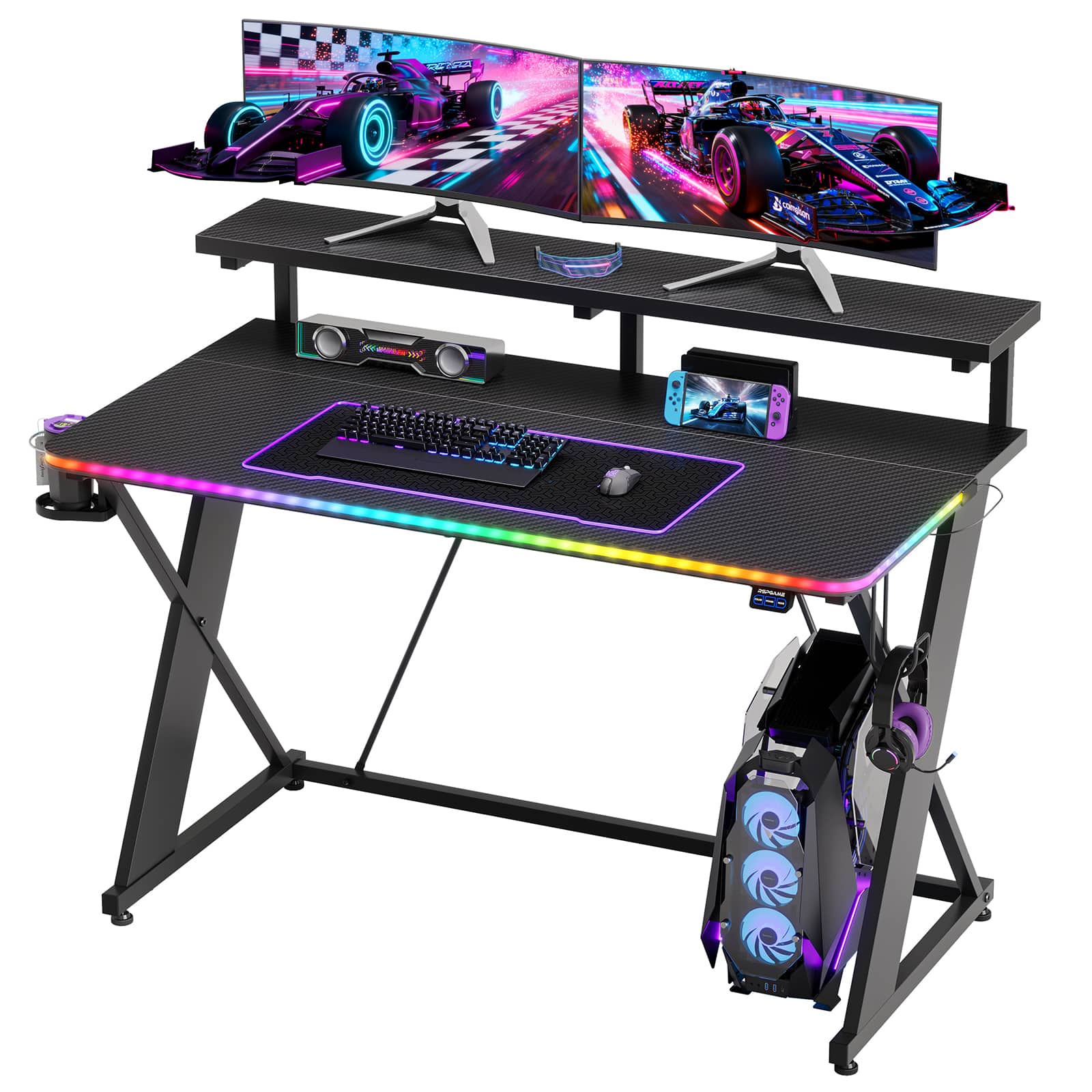 RSPGAME 47" Gaming Desk with Music Sync LED Light, X-Shape Ergonomic Gamer Desk with Monitor Stand, Dynamic RGB Lighting,…