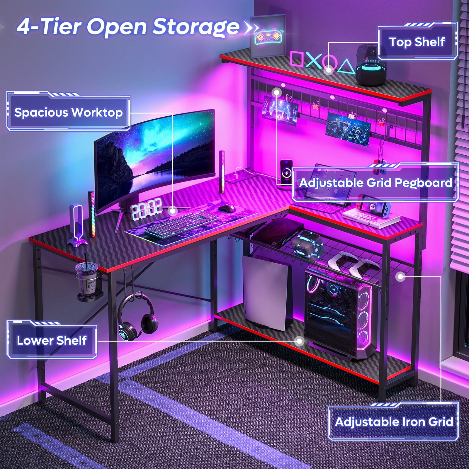 Bestier 51 L Shaped Gaming Desk with Power Outlets, LED Workstation - image 2