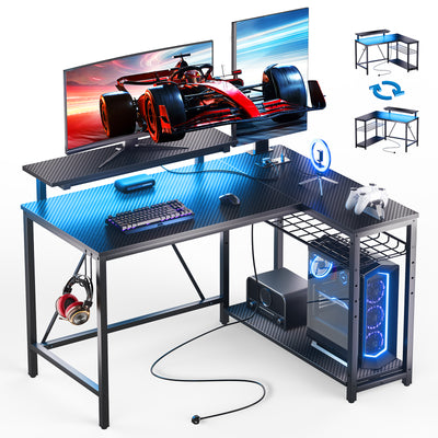 RSPGAME 42" Reversible L-Shaped Gaming Desk: Equipped with Power Outlets, LED Lights, Adjustable Shelves & Hooks for Small Spaces ,Bedrooms & Offices, Carbon Fiber Black