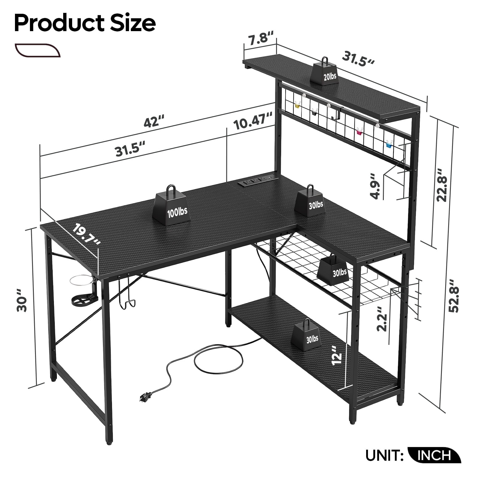 Bestier 42 inch Gaming Desk with LED Lights & Power Outlet, Reversible L Shaped Computer Desk with Hutch & Storage Shelves,…
