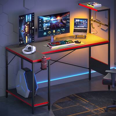 RSPGAME LED Gaming Desk with Monitor Stand, 47 inch Reversible Computer Desk for Home Office, Black & Red
