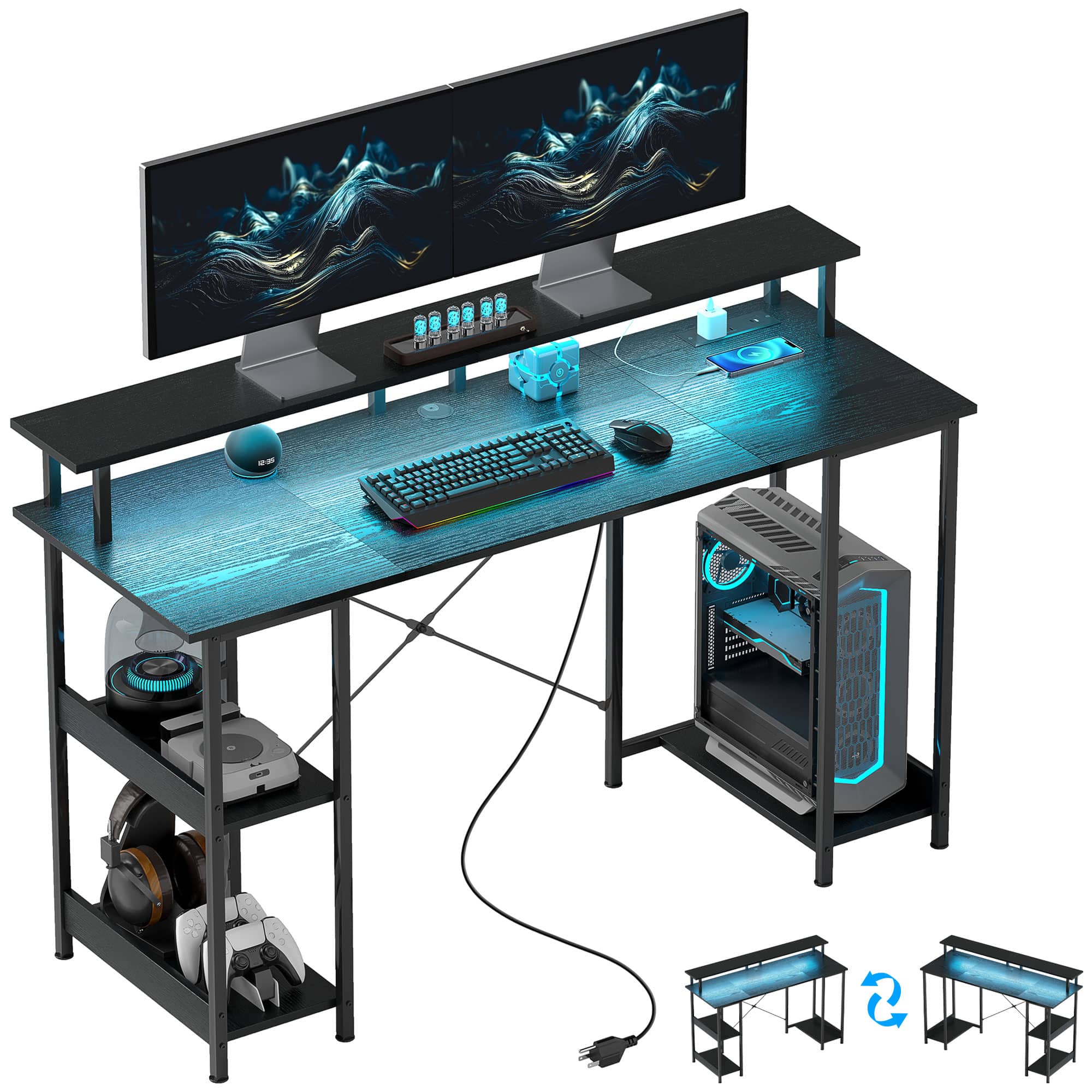 RSPGAME 57.4" Gaming Desk with Power Outlet, LED Lights, Reversible Computer Desk with Shelf, Holder and Hook, Black