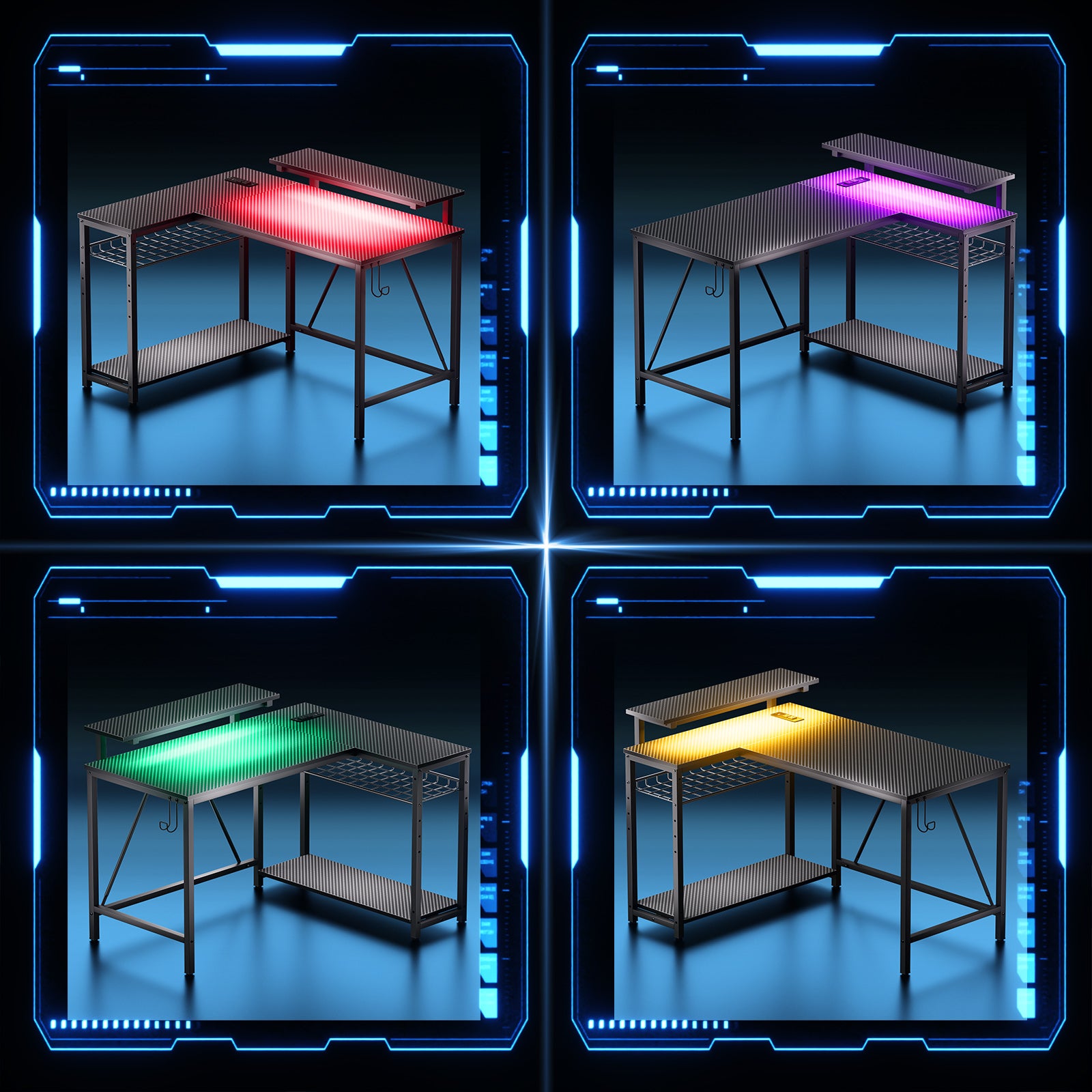 RSPGAME 42" Reversible L-Shaped Gaming Desk: Equipped with Power Outlets, LED Lights, Adjustable Shelves & Hooks for Small Spaces ,Bedrooms & Offices, Carbon Fiber Black