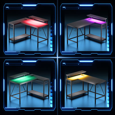 RSPGAME 42" Reversible L-Shaped Gaming Desk: Equipped with Power Outlets, LED Lights, Adjustable Shelves & Hooks for Small Spaces ,Bedrooms & Offices, Carbon Fiber Black