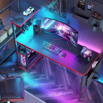 "Bestier 52"" L-Shaped Gamer Table with LED Lights, Power Outlet, Monitor Stand, PC Corner Desk in Carbon Fiber" - image 3