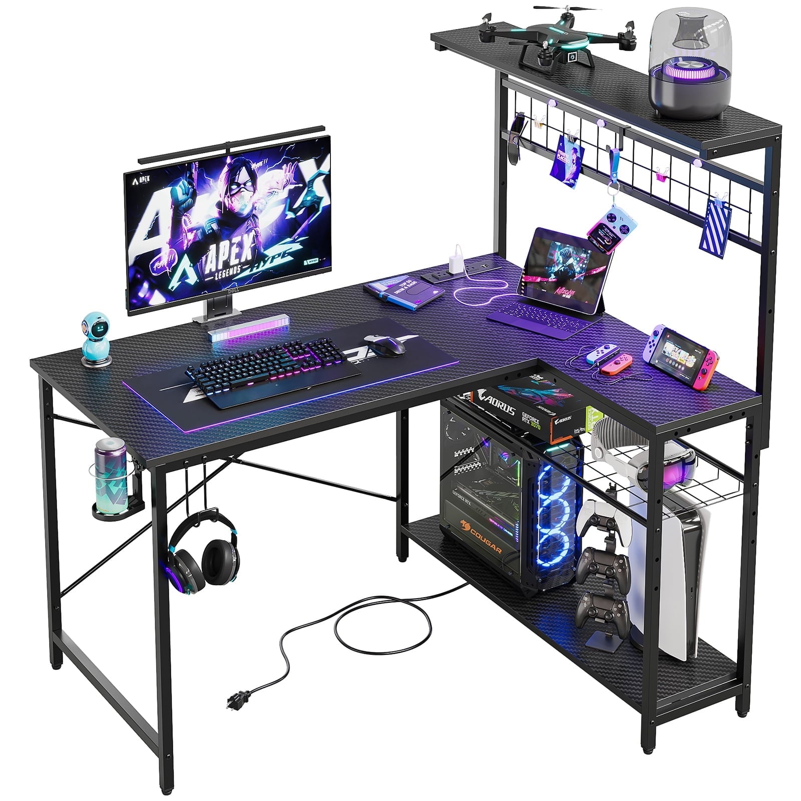 Bestier 42 inch Gaming Desk with LED Lights & Power Outlet, Reversible L Shaped Computer Desk with Hutch & Storage Shelves,…