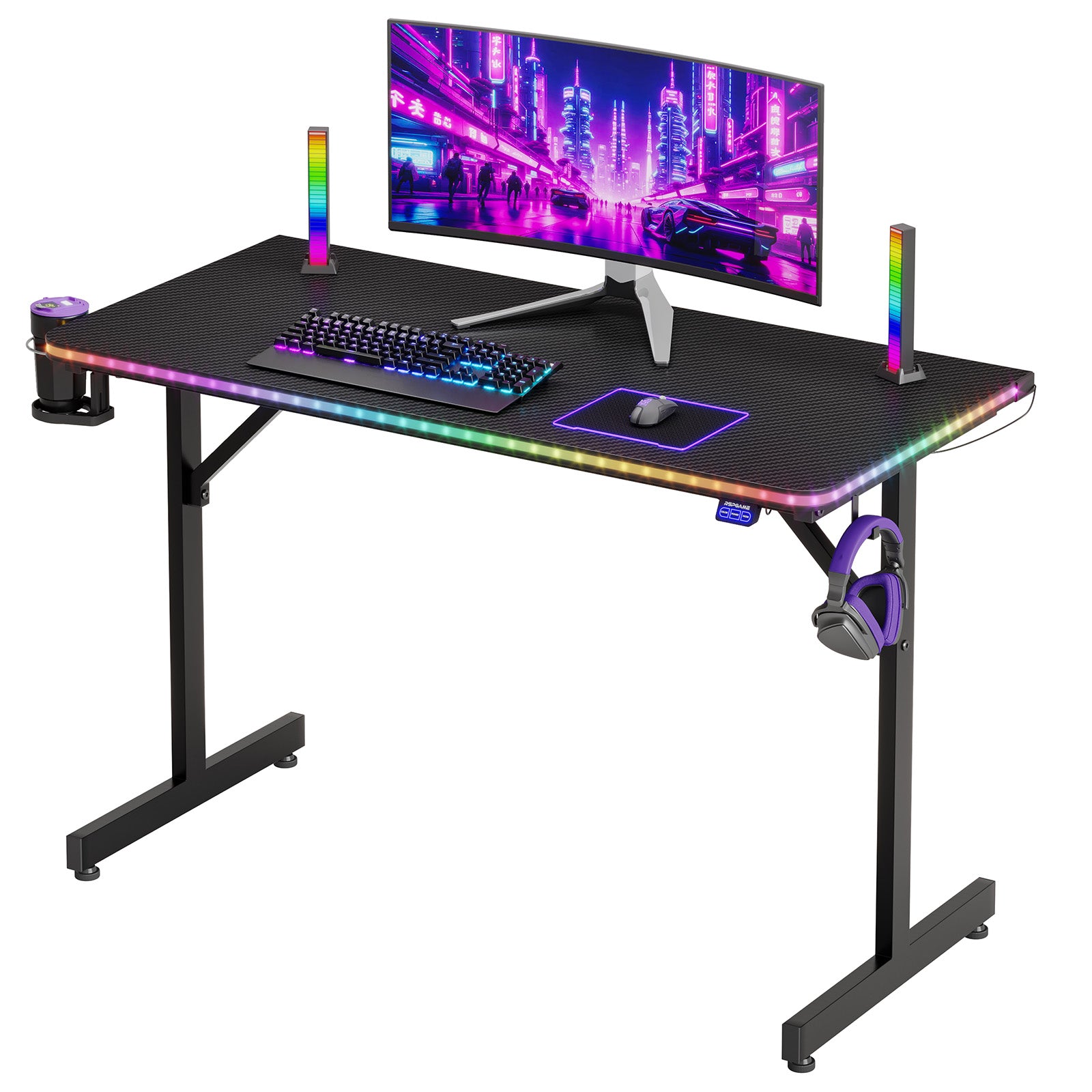 RSPGAME 43.5" Music Sync Gaming Desk, Ergonomic Gamer Table, ,T-Shape PC Computer Desk with RGB Lighting, Carbon Fiber Black
