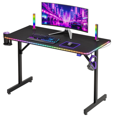 RSPGAME 43.5" Music Sync Gaming Desk, Ergonomic Gamer Table, ,T-Shape PC Computer Desk with RGB Lighting, Carbon Fiber Black